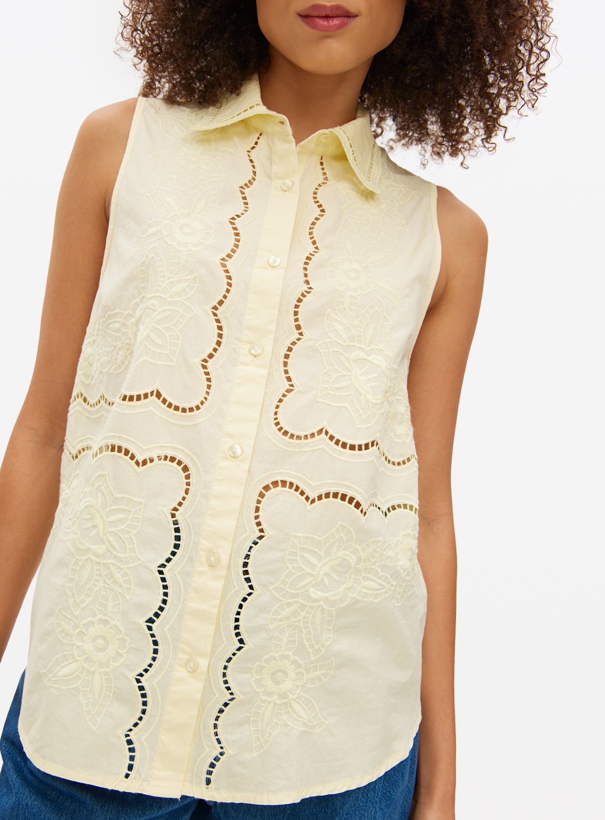 Light Yellow Broderie Detail Sleeveless Shirt 12 - Image 3 thumbnail